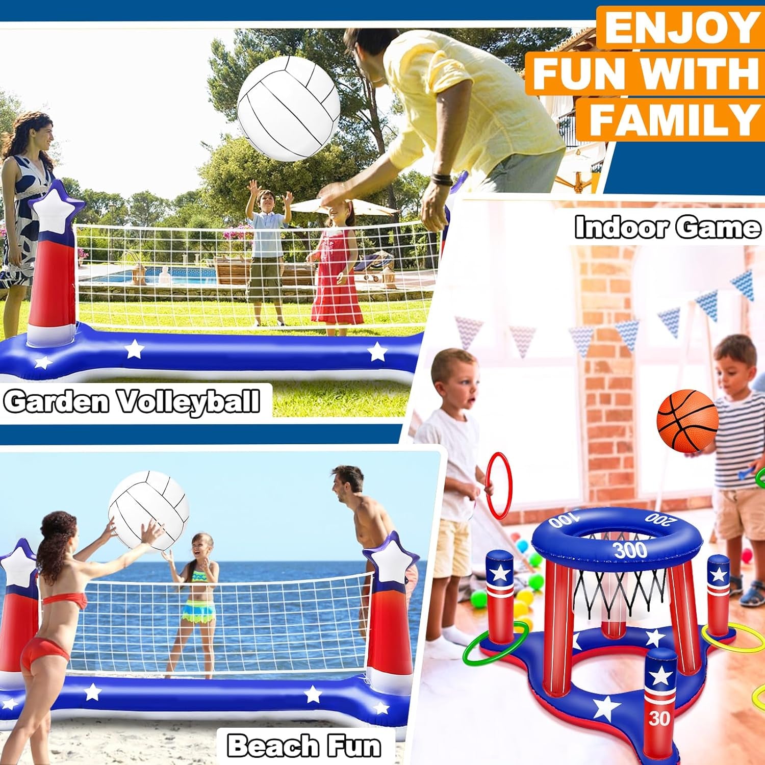 Pool Volleyball Net & Basketball Hoop & Ring Toss, 3-In-1 Large Inflatable Pool Games Set with 2 Balls 6 Rings American Flag Floating Swimming Pool Toys for Kids Adults Summer Pool Party