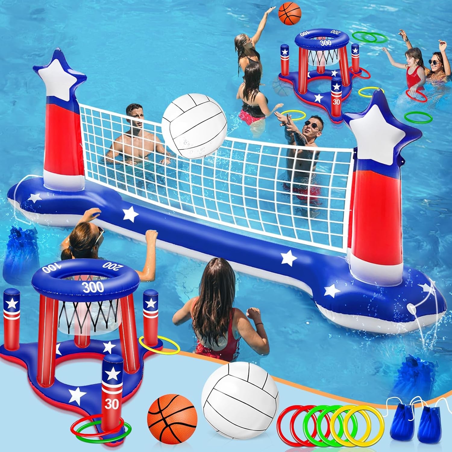 Pool Volleyball Net & Basketball Hoop & Ring Toss, 3-In-1 Large Inflatable Pool Games Set with 2 Balls 6 Rings American Flag Floating Swimming Pool Toys for Kids Adults Summer Pool Party