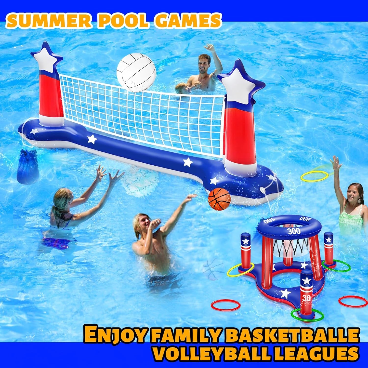 Pool Volleyball Net & Basketball Hoop & Ring Toss, 3-In-1 Large Inflatable Pool Games Set with 2 Balls 6 Rings American Flag Floating Swimming Pool Toys for Kids Adults Summer Pool Party