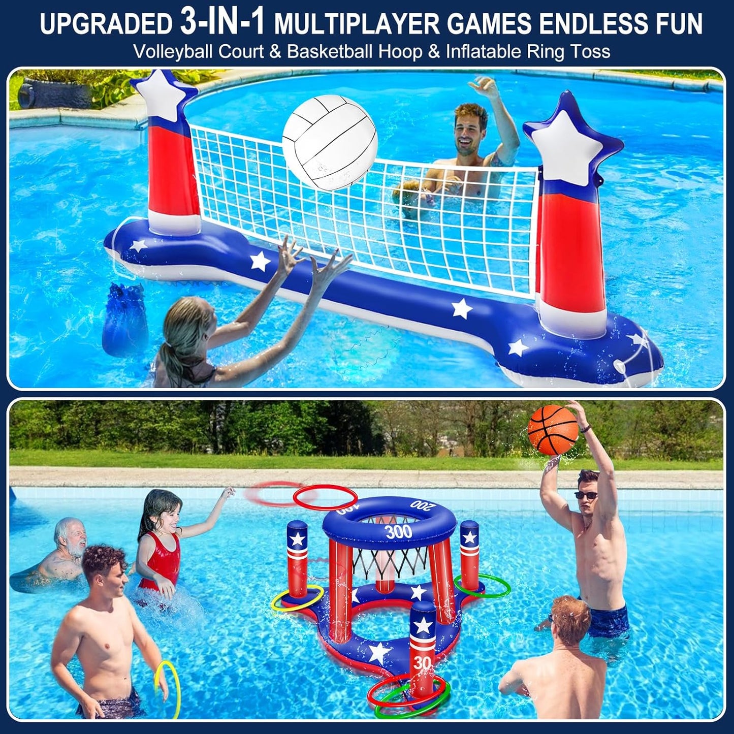 Pool Volleyball Net & Basketball Hoop & Ring Toss, 3-In-1 Large Inflatable Pool Games Set with 2 Balls 6 Rings American Flag Floating Swimming Pool Toys for Kids Adults Summer Pool Party