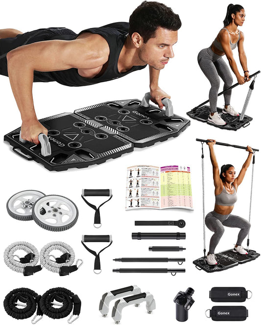 Portable Home Gym Workout Equipment with 14 Exercise Accessories Ab Roller Wheel,Elastic Resistance Bands,Push-Up Stand,Post Landmine Sleeve and More for Full Body Workouts System